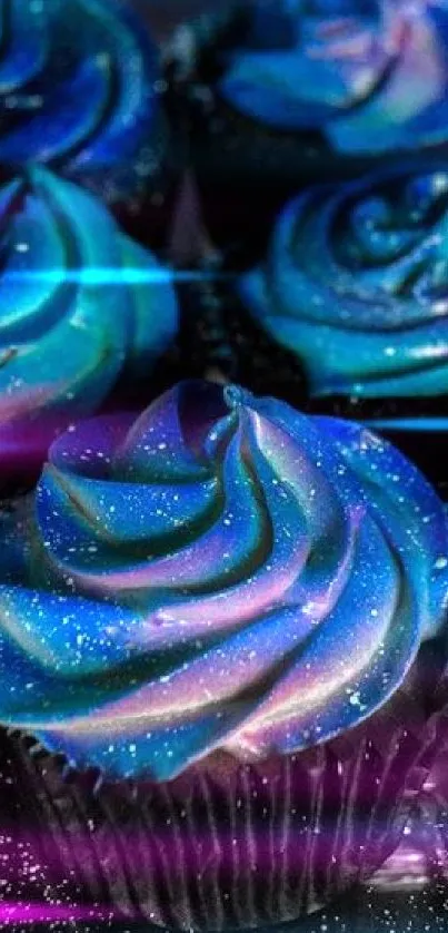 Vibrant galaxy-themed cupcakes with starry effects.