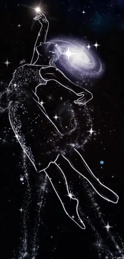 Illustration of a dancer in a galaxy theme on black wallpaper.