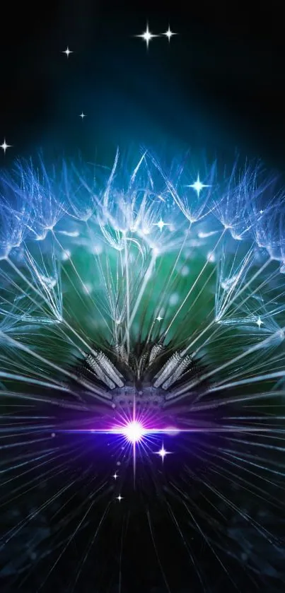 Galaxy themed dandelion with stars and electric colors wallpaper.