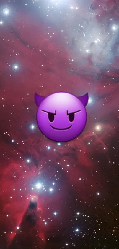 Dark red galaxy wallpaper with devil emoji centered.