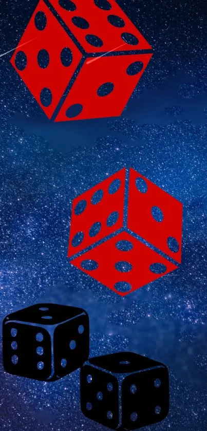 Red and black dice floating in a starry galaxy-themed wallpaper.