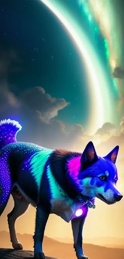 Neon-colored dog in a cosmic sunset landscape.