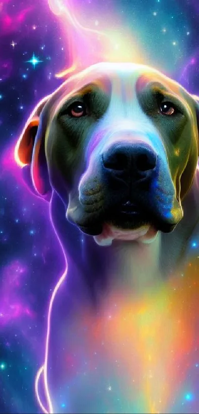 Vibrant galaxy-themed dog wallpaper with colorful nebula and stars.