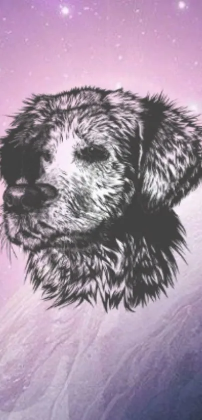 Black and white dog illustration on pink galaxy wallpaper background.