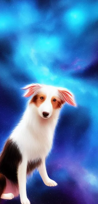 Cute dog with galaxy background on mobile wallpaper.