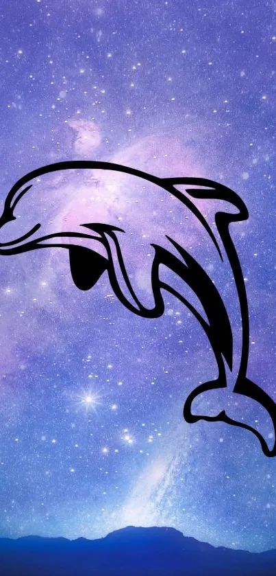 Dolphin silhouette on a galaxy background with stars.