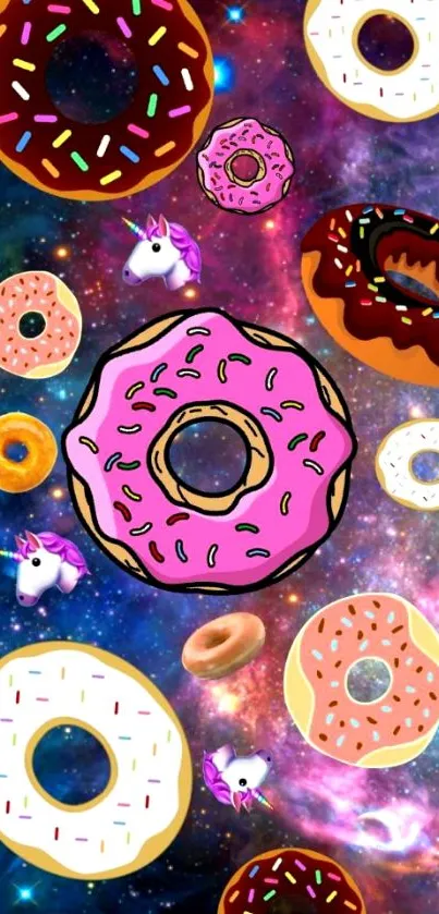 Colorful galaxy wallpaper with donuts and unicorns.