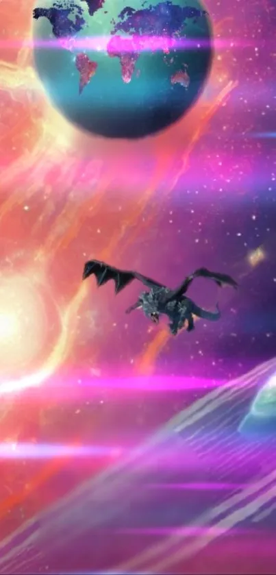 Dragon flying in a colorful galaxy with planets and stars.