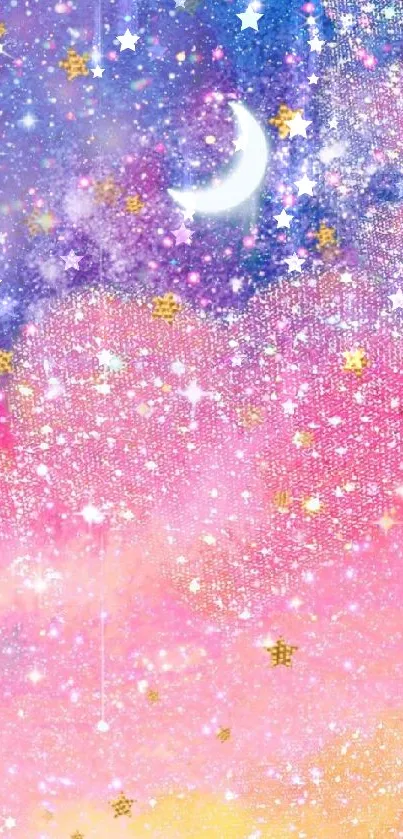 Dreamy galaxy wallpaper with pink clouds, gold stars, and crescent moon.