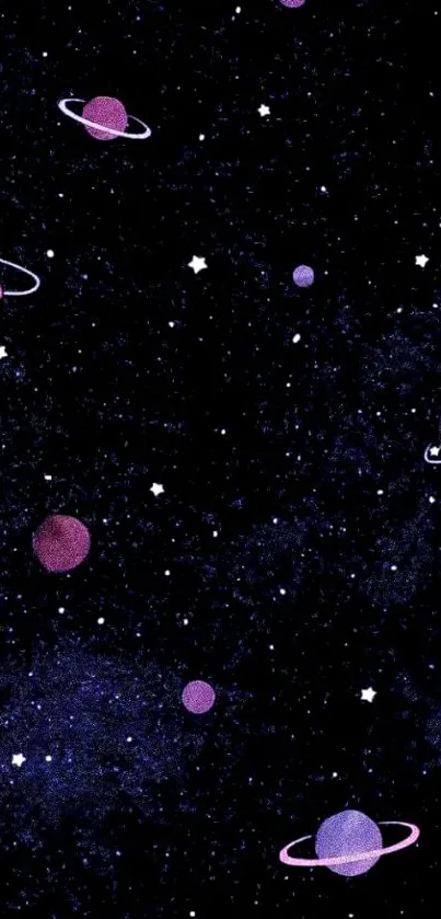 Purple planets on a black starry background wallpaper.