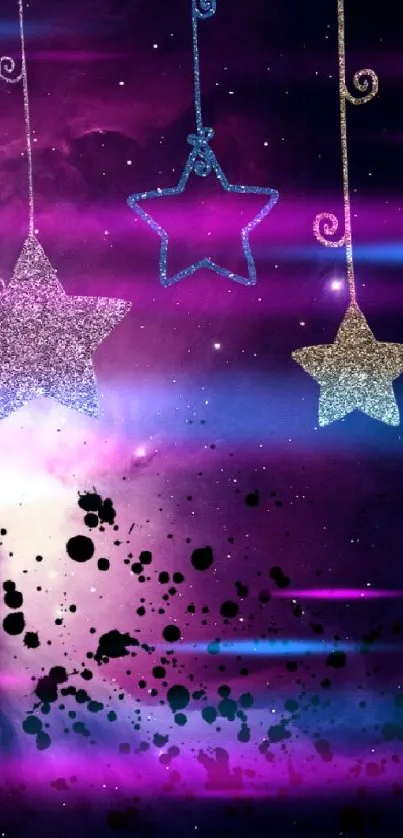 Mystical galaxy wallpaper with dangling stars in a purple cosmic backdrop.