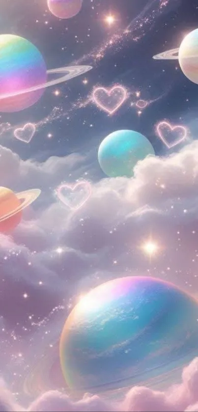 Dreamy pastel galaxy with planets and clouds.