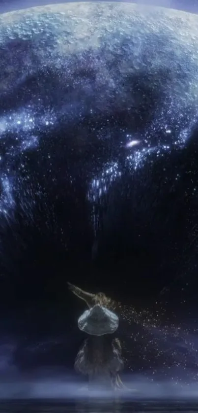 Mystical figure under a starry galaxy night sky wallpaper.