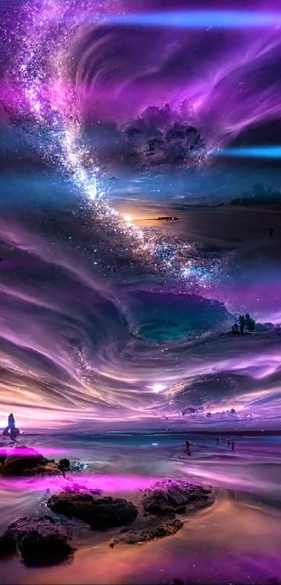 Vibrant galaxy dreamscape with purple and celestial sky for mobile wallpaper.