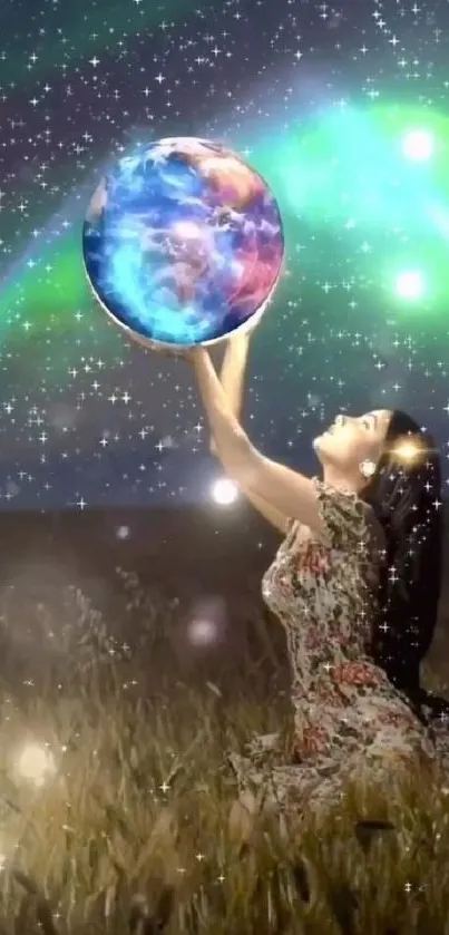 Woman holding Earth with starry galaxy background on phone wallpaper.