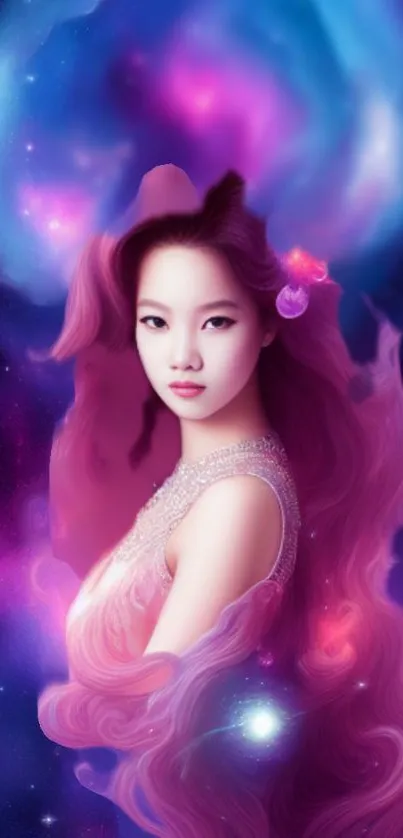 Ethereal portrait with purple galaxy background.