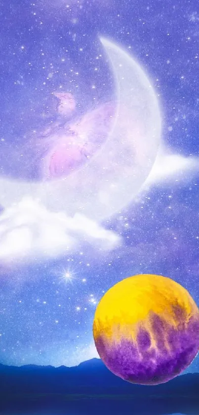 Purple galaxy wallpaper with moon and colorful cosmos.