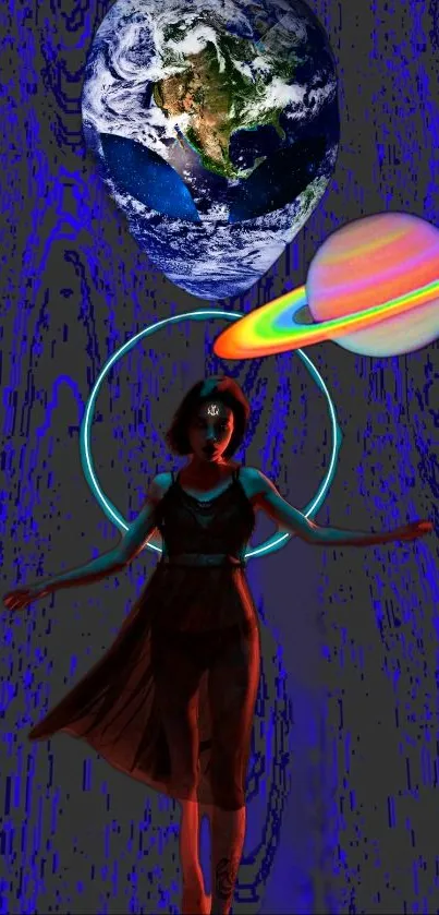 Mystical figure with planets in cosmic art wallpaper.