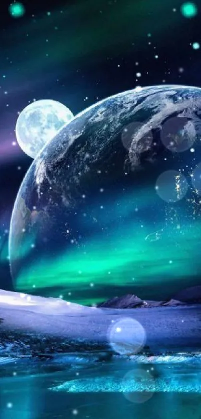 Galaxy wallpaper with Earth and aurora borealis in vibrant teal tones.