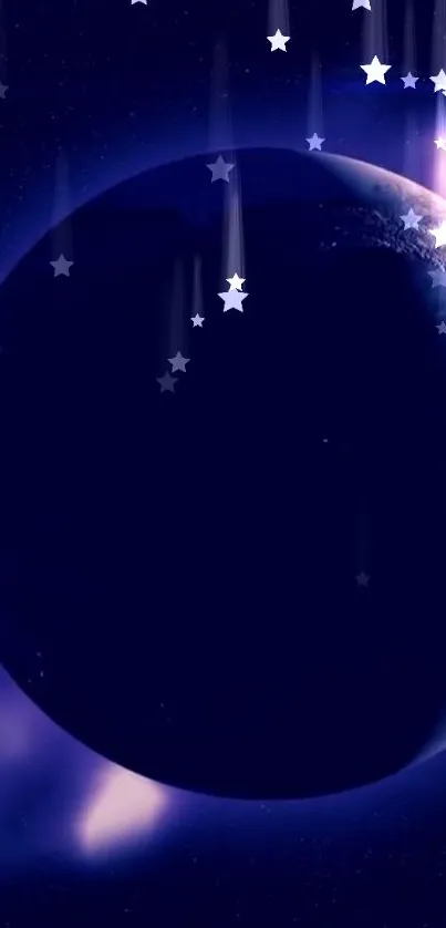 Galaxy view of Earth encircled by stars on a dark blue background mobile wallpaper.