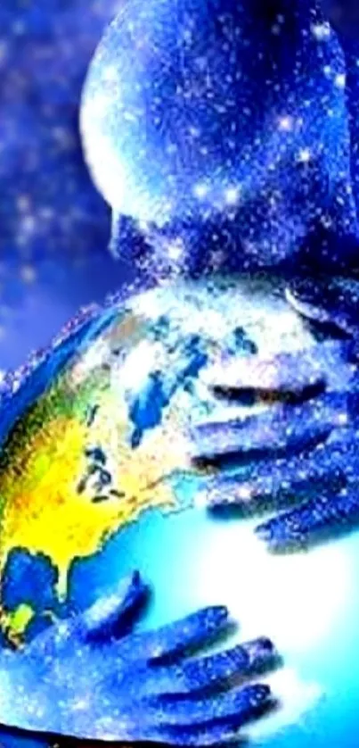 A cosmic figure hugging Earth in a blue galaxy background.