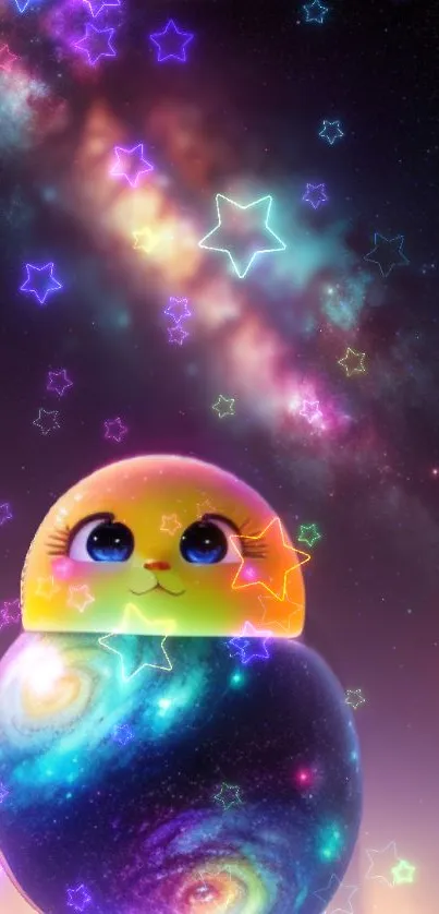 Cute emoji surrounded by colorful stars in a galaxy-themed wallpaper.