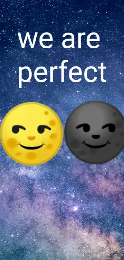 Galactic night sky with smiling emojis and inspiring text.