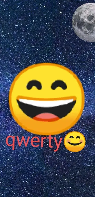 Galaxy-themed wallpaper with happy emoji and moon.