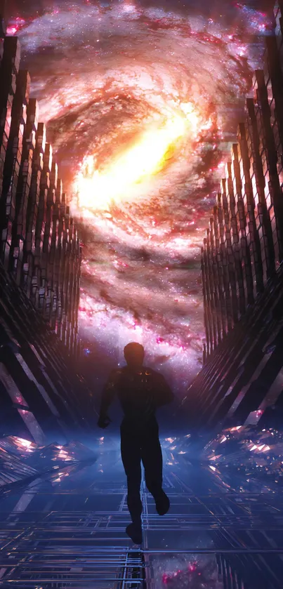 Silhouette runs through futuristic corridor under swirling galaxy.