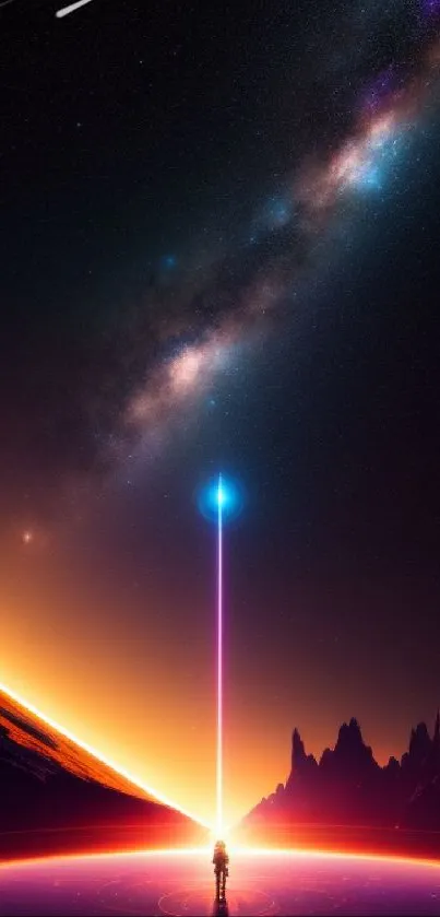 Astronaut under vibrant galaxy sky on mobile wallpaper.