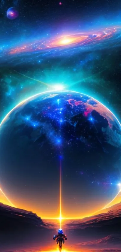 A lone explorer stands under a glowing galaxy and vibrant planet.