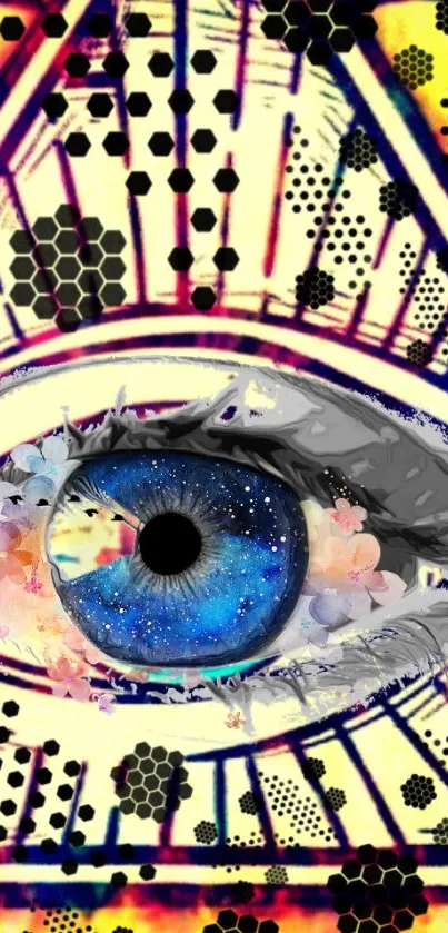 Abstract galaxy eye with geometric patterns in vibrant art design.