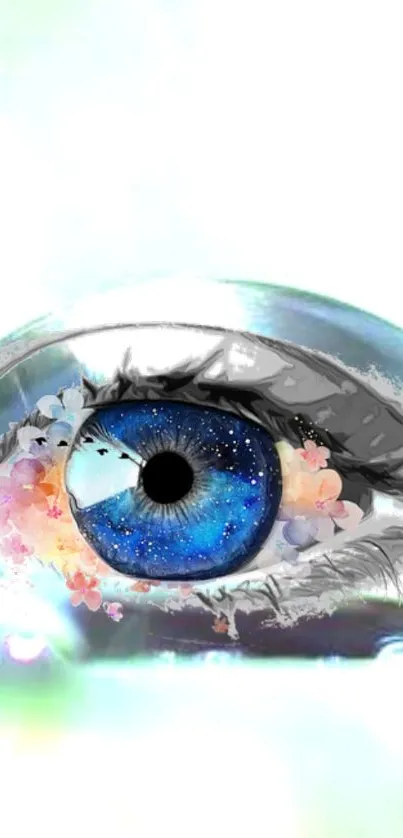 Galaxy-themed eye with blue iris and cosmic elements.