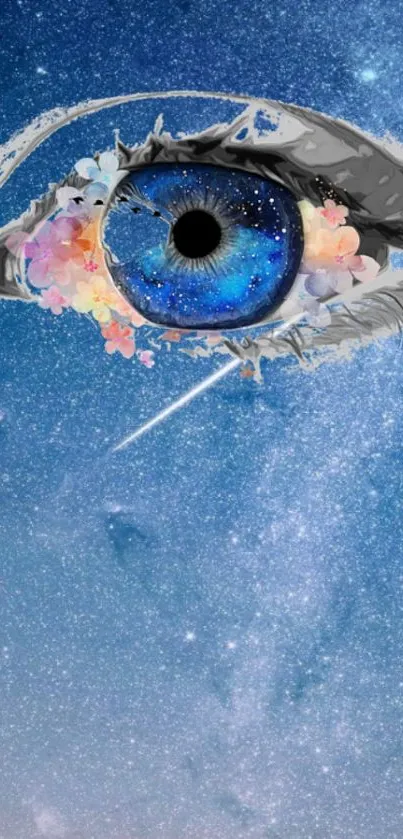 Surreal galaxy eye art on blue background