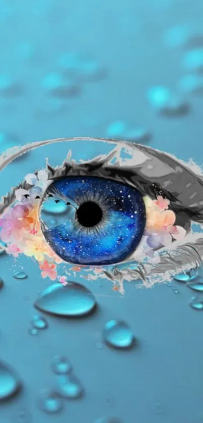 Galaxy themed eye art wallpaper with blue background and floral details.