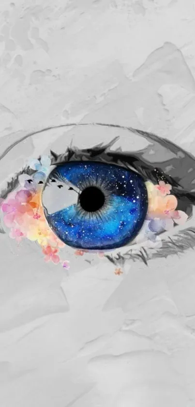 Artistic galaxy-themed eye with colorful flowers.