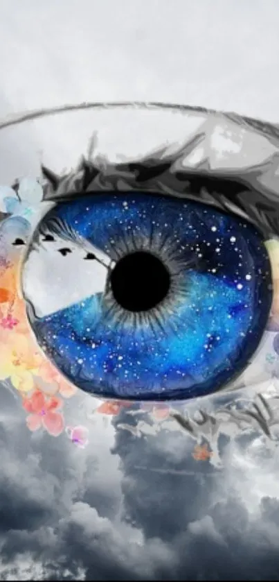 Galaxy-themed blue eye with floral art.