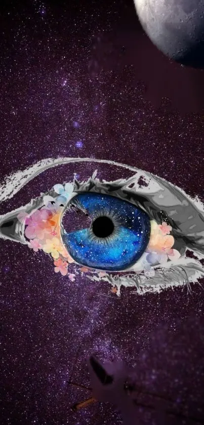 A galaxy-themed eye with colorful flowers against a starry purple backdrop.