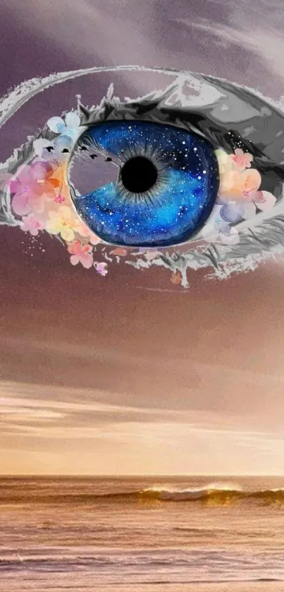 Artistic galaxy eye with floral accents over an ocean backdrop.