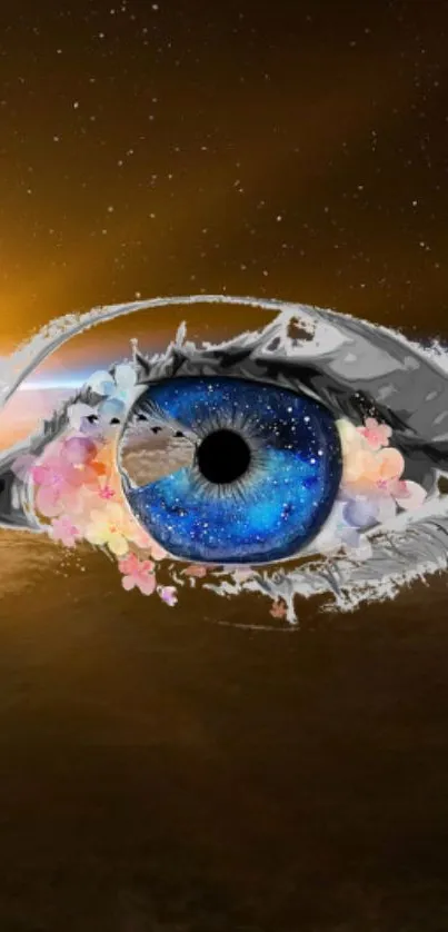 Artistic galaxy eye with flower accents on a brown background.