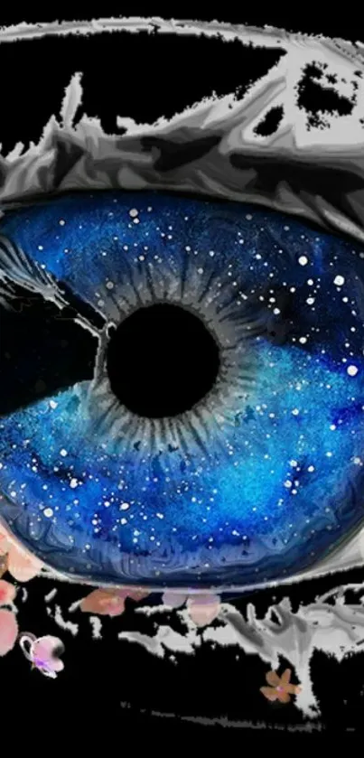 Vibrant galaxy-themed eye with cosmic blue accents against a black background.