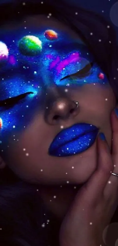 Galaxy-themed face art with vibrant colors.