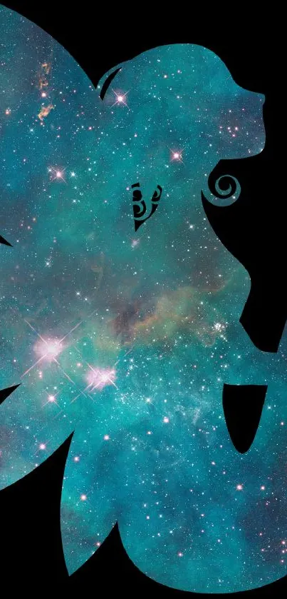 Silhouette of a fairy with a galaxy background on phone wallpaper.