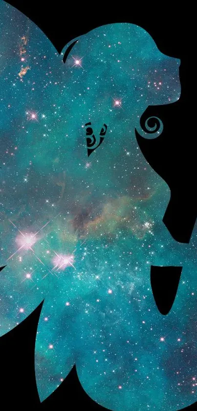 Galaxy fairy silhouette with teal stars and black background.