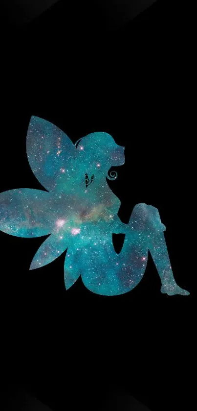 Galaxy-themed fairy silhouette on black background.