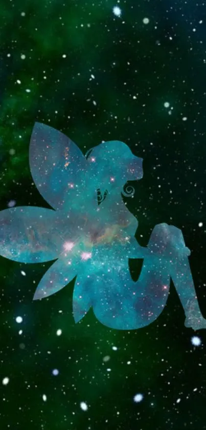 Fairy silhouette against a galaxy-themed night sky with stars.