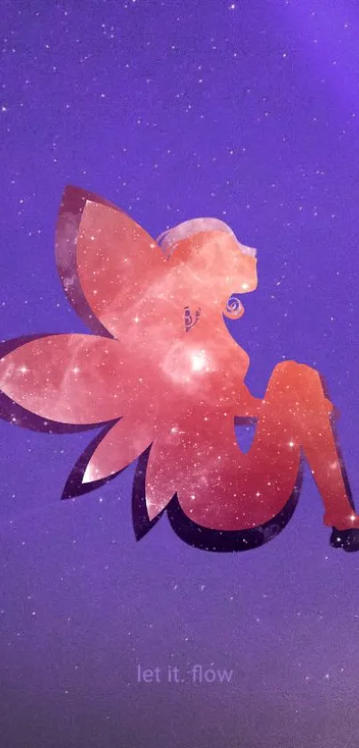 Magical galaxy fairy silhouette on a starry purple background.