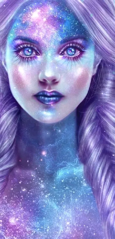 Ethereal galaxy-themed fantasy portrait with vivid purples and cosmic elements.