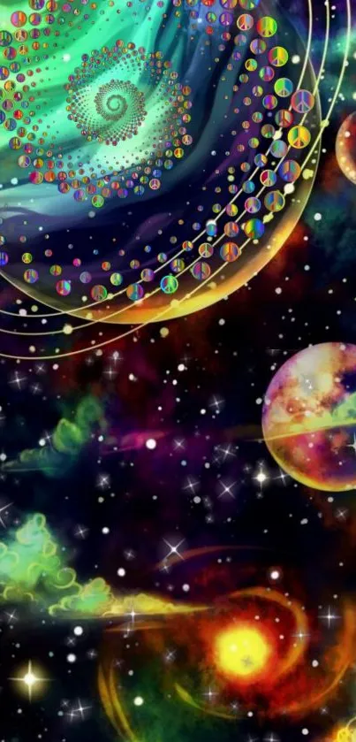 Colorful galaxy fantasy art with swirling cosmic patterns and planets.