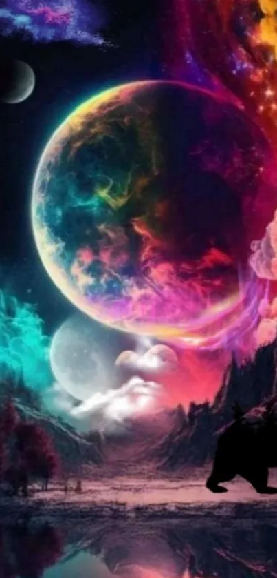 Galaxy fantasy wallpaper with planets and bear